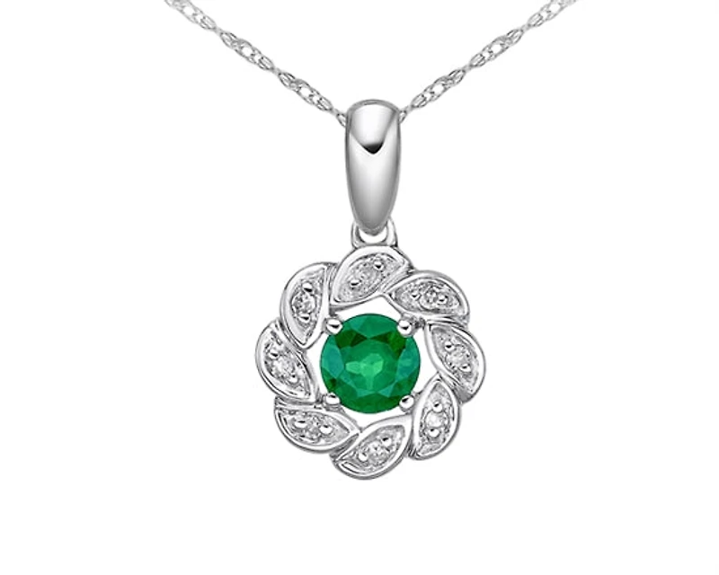 10K White Gold 3.80mm Round Cut Emerald and 0.035cttw Diamond Halo Pendant - 18 inches