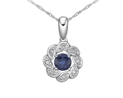10K White Gold 3.80mm Round Cut Sapphire and 0.035cttw Diamond Halo Pendant - 18 inches