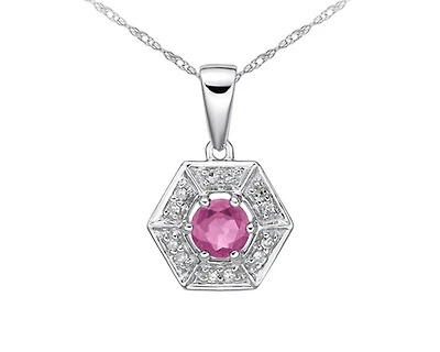 10K White Gold 3.80mm Round Cut Pink Sapphire and 0.05cttw Diamond Halo Pendant - 18 inches