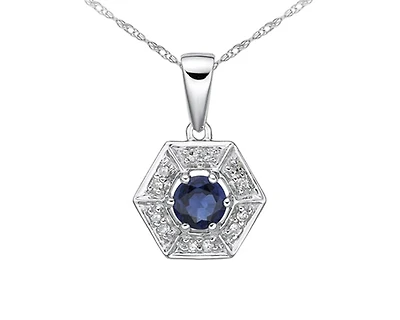 10K White Gold 3.80mm Round Cut Sapphire and 0.05cttw Diamond Halo Pendant - 18 inches
