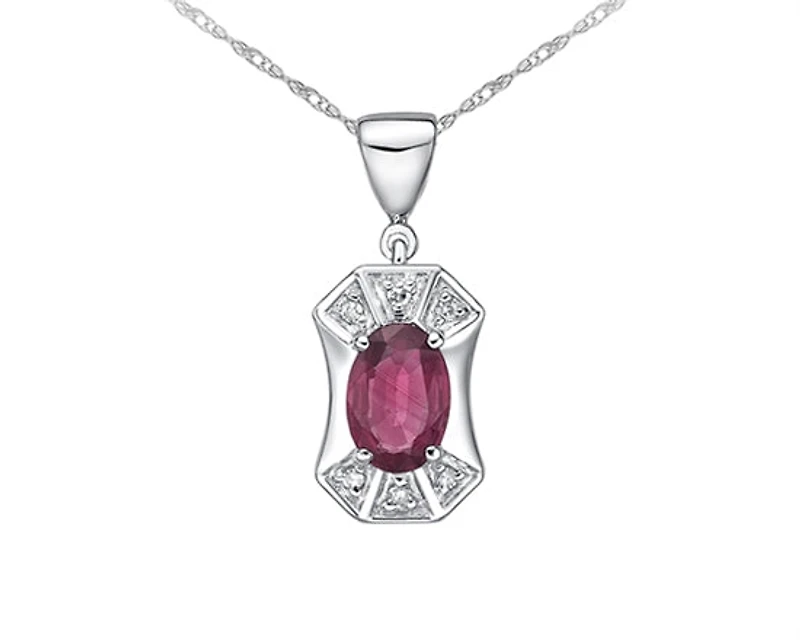 10K White Gold 6x4mm Oval Cut Ruby and 0.03cttw Diamond Pendant - 18 Inches