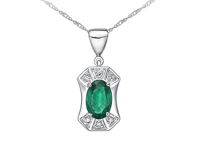 10K White Gold 6x4mm Oval Cut Emerald and 0.03cttw Diamond Pendant - 18 inches
