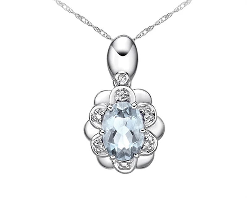 10K White Gold 7x5mm Oval Cut Aquamarine and 0.022cttw Diamond Pendant - 18"