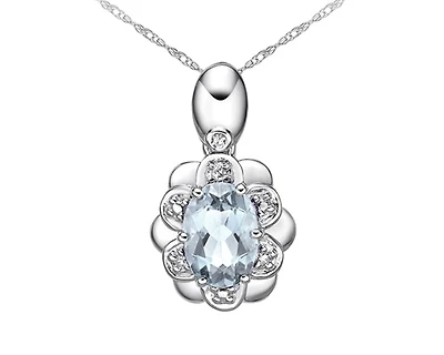 10K White Gold 7x5mm Oval Cut Aquamarine and 0.022cttw Diamond Pendant - 18"