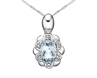 10K White Gold 7x5mm Oval Cut Aquamarine and 0.022cttw Diamond Pendant - 18"
