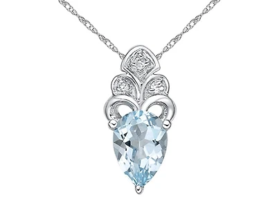 10K White Gold 7x5mm Pear Cut Swiss Blue Topaz and 0.018cttw Diamond Necklace - 18 Inches