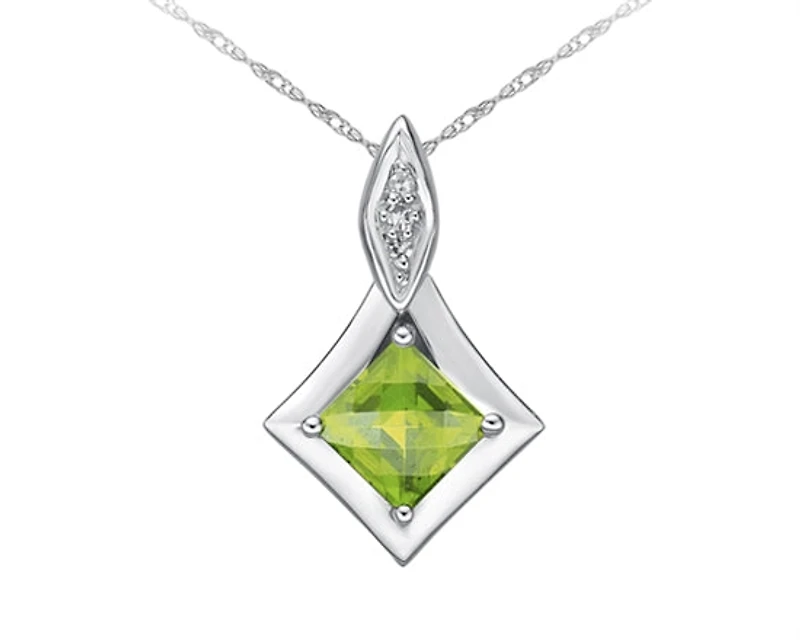 10K White Gold 5mm Princess Checkerboard Cut Peridot and 0.015cttw Diamond Pendant - 18 inches