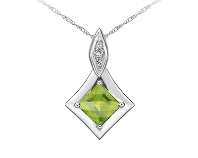10K White Gold 5mm Princess Checkerboard Cut Peridot and 0.015cttw Diamond Pendant - 18 inches