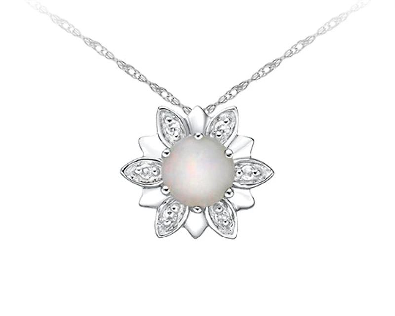 10K White Gold 5mm Round Cut White Opal and 0.03cttw Diamond Pendant - 18 Inches