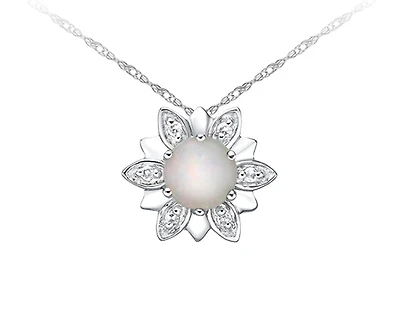10K White Gold 5mm Round Cut White Opal and 0.03cttw Diamond Pendant - 18 Inches