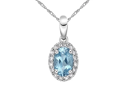 10K White Gold 6x4mm Oval Cut Swiss Blue Topaz and 0.06cttw Diamond Halo Necklace - 18 Inches