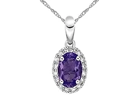 10K White Gold 6x4mm Oval Cut Amethyst & 0.06cttw Diamond Halo Pendant, 18"