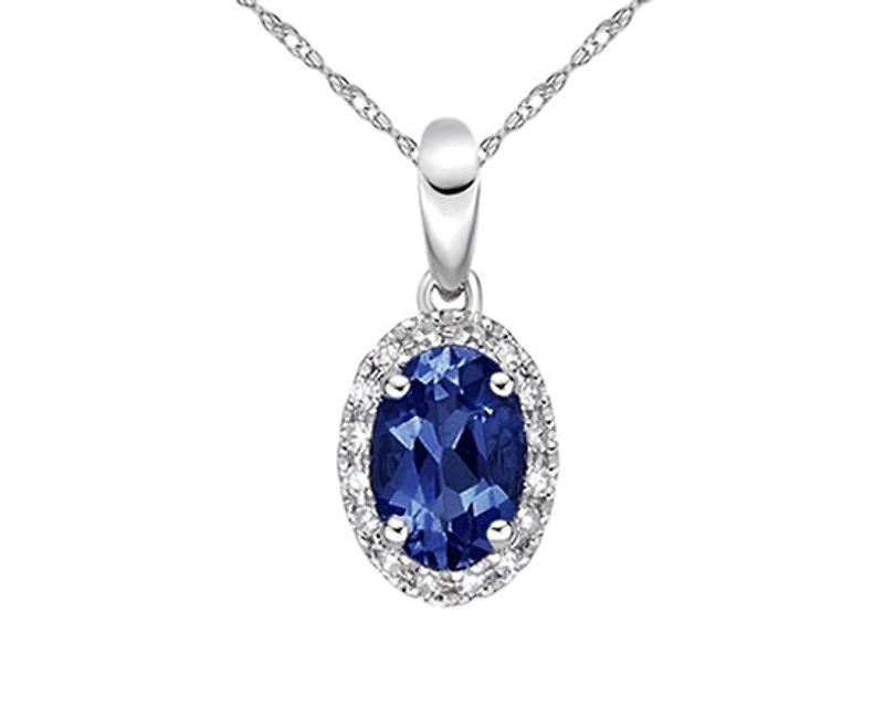 10K White Gold 6x4mm Oval Cut Sapphire and 0.06cttw Diamond Halo Pendant - 18 inches