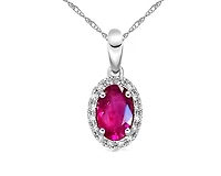 10K White Gold 6x4mm Oval Cut Ruby and 0.06cttw Diamond Halo Pendant - 18 inches