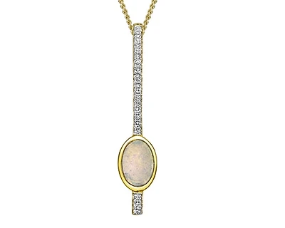 10K Yellow Gold 6x4mm Oval Cut White Opal and Diamond Pendant - 18 Inches