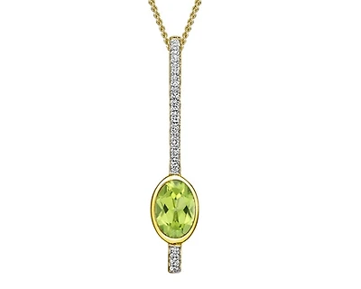 10K Yellow Gold 6x4mm Oval Cut Peridot and Diamond Pendant - 18 inches