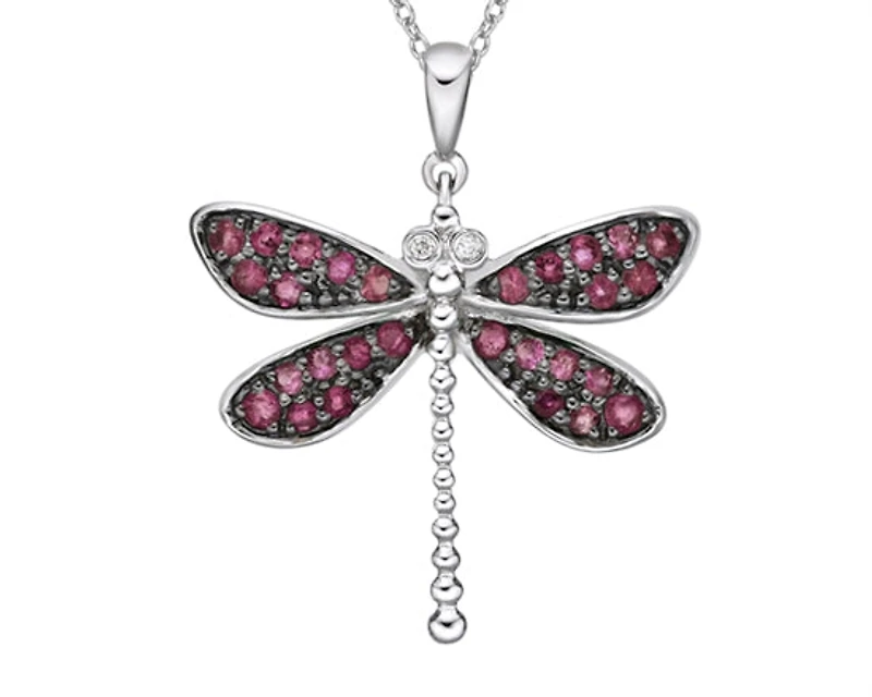 10K White Gold 1.30-1.60mm Round Cut Ruby and 0.01cttw Diamond Dragonfly Pendant - 18 inches