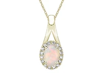 10K Yellow Gold 7x5mm Oval Cut White Opal and 0.08cttw Diamond Halo Pendant - 18 Inches