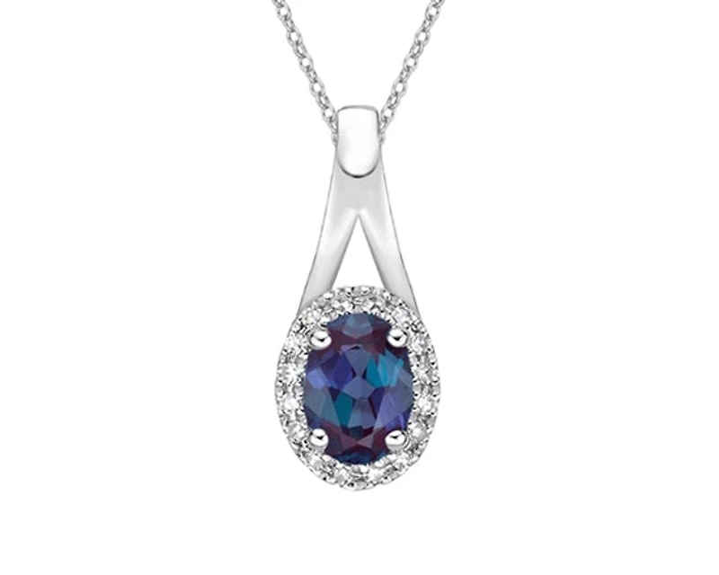 10K White Gold 7x5mm Oval Cut Created Alexandrite and 0.08cttw Diamond Halo Necklace - 18 Inches
