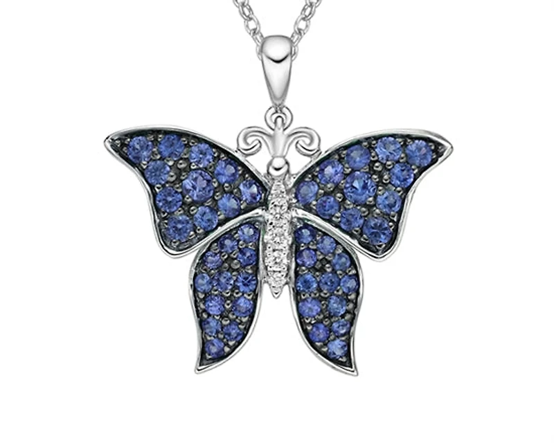 10K White Gold 1.25-2.10mm Round Cut Sapphire and 0.031cttw Diamond Butterfly Pendant - 18 inches