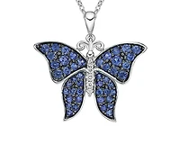 10K White Gold 1.25-2.10mm Round Cut Sapphire and 0.031cttw Diamond Butterfly Pendant - 18 inches