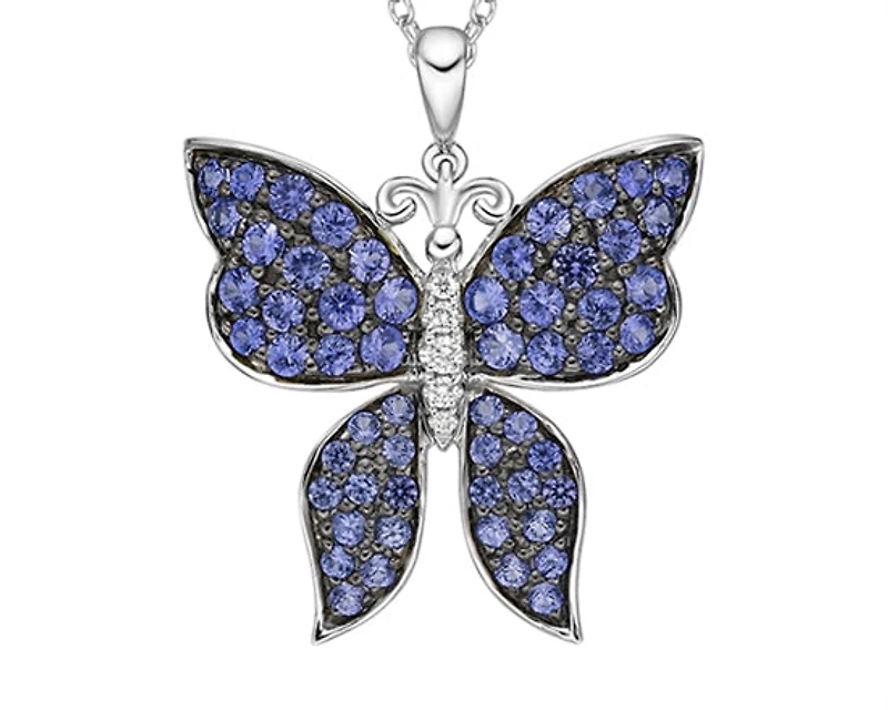 10K White Gold 1.25-2.10mm Round Cut Sapphire and 0.037cttw Diamond Butterfly Pendant