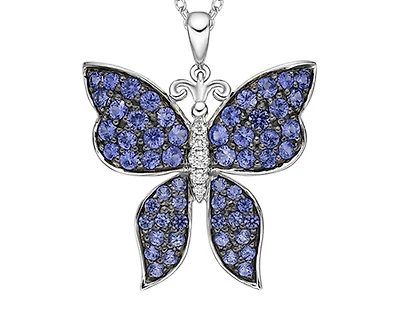 10K White Gold 1.25-2.10mm Round Cut Sapphire and 0.037cttw Diamond Butterfly Pendant