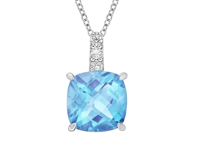 10K White Gold 8mm Checkerboard Cushion Swiss Blue Topaz and 0.06cttw Diamond Necklace - 18 Inches