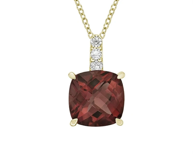 10K Yellow Gold 8mm Checkerboard Cushion Cut Garnet and 0.06cttw Diamond Pendant - 18 inches