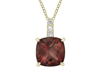 10K Yellow Gold 8mm Checkerboard Cushion Cut Garnet and 0.06cttw Diamond Pendant - 18 inches