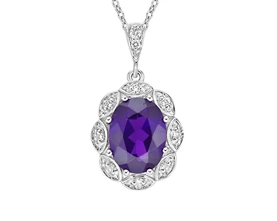 10K White Gold 1.15cttw Amethyst and 0.06cttw Diamond Halo Pendant, 18"