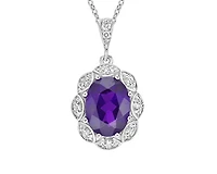 10K White Gold 1.15cttw Amethyst and 0.06cttw Diamond Halo Pendant, 18"