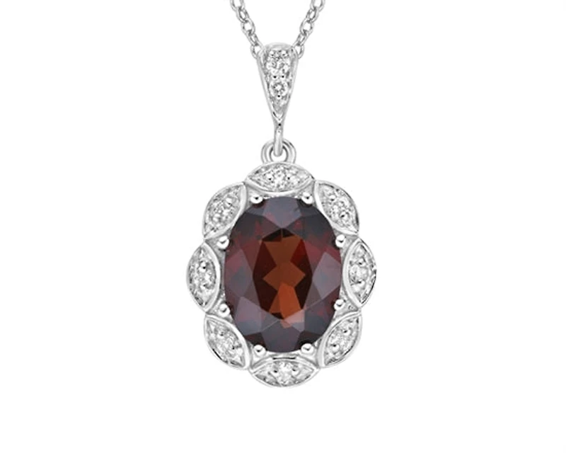10K White Gold 8x6mm Oval Cut Garnet and 0.06cttw Diamond Scallop Halo Pendant - 18 inches