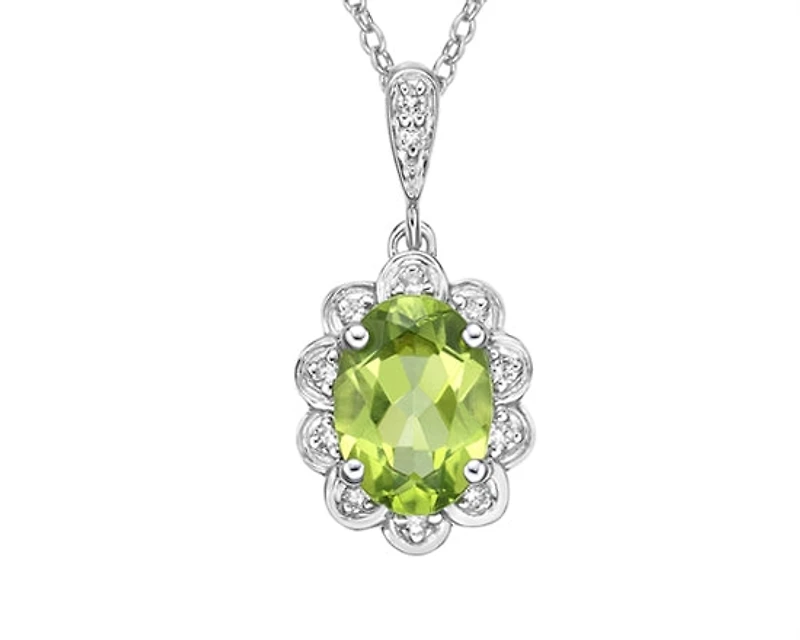 10K White Gold 8x6mm Oval Cut Peridot and 0.054cttw Diamond Scallop Halo Pendant - 18 inches
