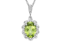 10K White Gold 8x6mm Oval Cut Peridot and 0.054cttw Diamond Scallop Halo Pendant - 18 inches