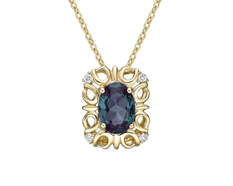 10K Yellow Gold 7x5mm Oval Cut Created Alexandrite and 0.03cttw Diamond Necklace - 18 Inches