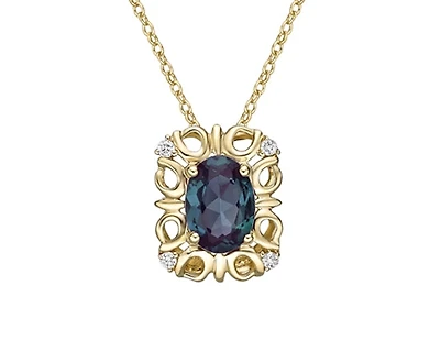 10K Yellow Gold 7x5mm Oval Cut Created Alexandrite and 0.03cttw Diamond Necklace - 18 Inches