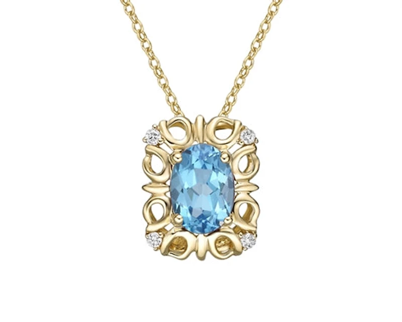 10K Yellow Gold 7x5mm Oval Cut Swiss Blue Topaz and 0.03cttw Diamond Necklace - 18 Inches