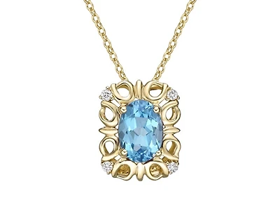 10K Yellow Gold 7x5mm Oval Cut Swiss Blue Topaz and 0.03cttw Diamond Necklace - 18 Inches