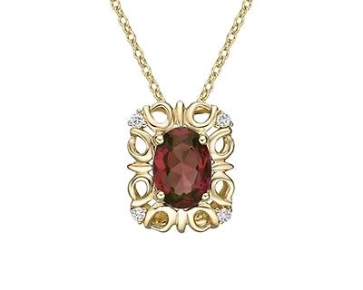 10K Yellow Gold 7x5mm Oval Cut Garnet and 0.03cttw Diamond Pendant - 18 inches