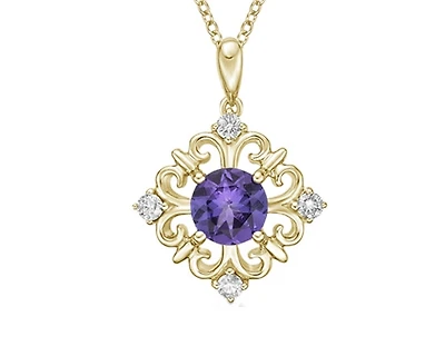 10K Yellow Gold 5mm Amethyst & 0.09cttw Diamond Pendant, 18"