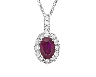 14K White Gold 6x4mm Oval Cut Ruby and 0.265cttw Diamond Halo Pendant  - 18 Inches