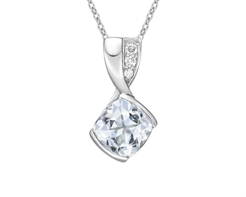 10K White Gold 7.0mm Cushion Cut Aquamarine & 0.041cttw Diamond Pendant - 18"
