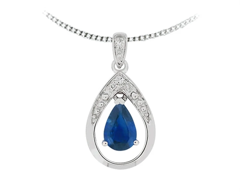 10K White Gold 6x4mm Pear Cut Sapphire and 0.025cttw Diamond Pendant - 18 inches