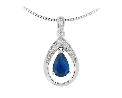 10K White Gold 6x4mm Pear Cut Sapphire and 0.025cttw Diamond Pendant - 18 inches