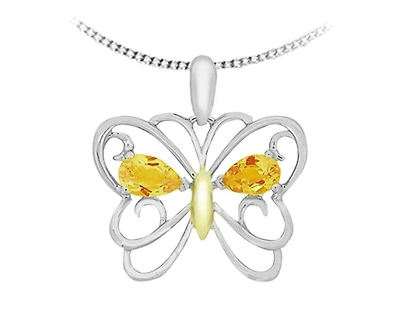 10K White & Yellow Gold 5x3mm Pear Cut Citrine Butterfly Pendant - 18 inches