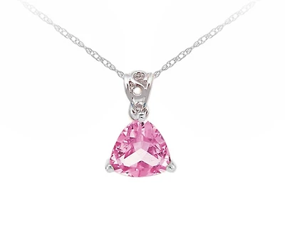 10K White Gold Trillion Cut Created Pink Sapphire Birthstone Pendant - 18 inches