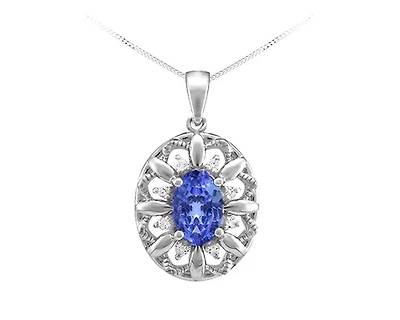 10K White Gold 6x4mm Oval Cut Tanzanite and 0.04cttw Diamond Pendant - 18 Inches