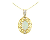 10K Yellow Gold 7x5mm Oval Cut Opal and 0.04cttw Diamond Pendant - 18 Inches