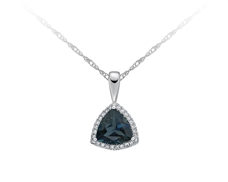 10K White Gold 8mm Trillion Cut London Blue Topaz and 0.13cttw Diamond Halo Necklace, 18"